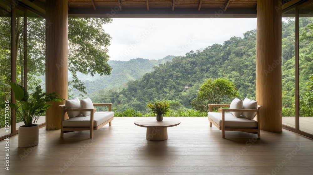 Fototapeta premium Serene mountain view from a modern interior with comfortable seating and lush greenery
