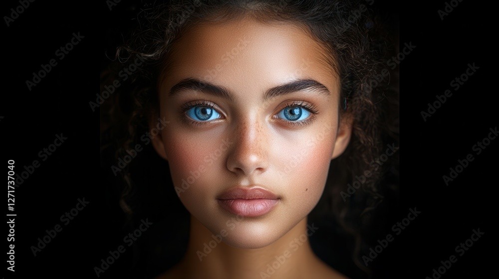 Fototapeta premium A woman with blue eyes and brown hair. She has a very nice smile. The photo is black and white