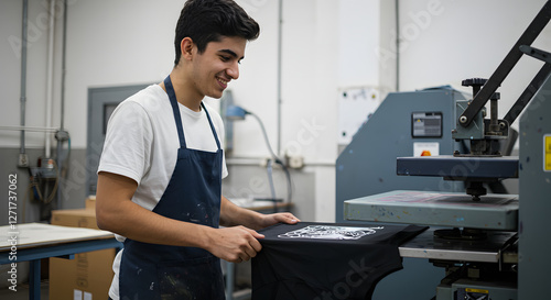 Man using heat press machine for t-shirt printing, Worker operating heat transfer machine in workshop, Generative AI image
