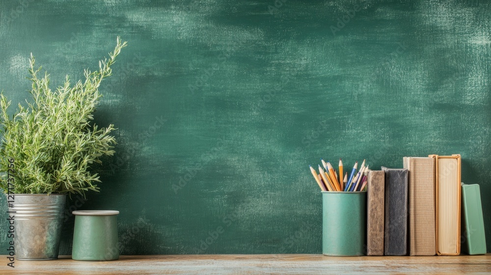 Chalkboard with greenery and stationery on a wooden table creating a calming study atmosphere. Chalkboard with greenery and stationery on a wooden table creating a calming study atmosphere.