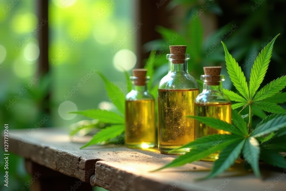 Golden liquid in glass bottles rests on rustic wood, surrounded by lush green leaves. Golden liquid in glass bottles rests on rustic wood, surrounded by lush green leaves.