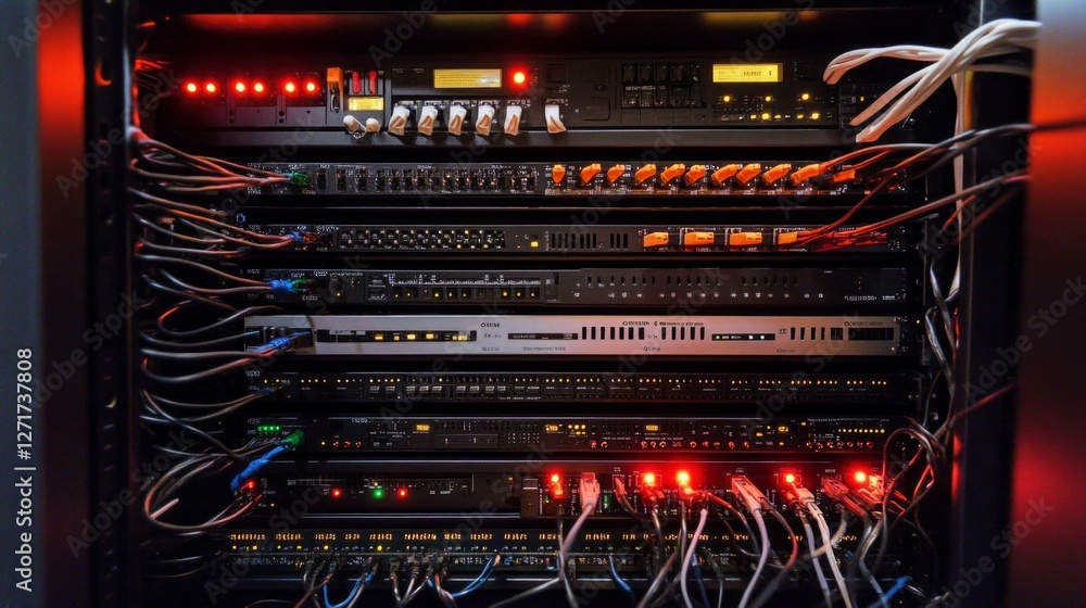 Fototapeta premium Intricate Network Server Rack System with Complex Connections and Illuminated Components