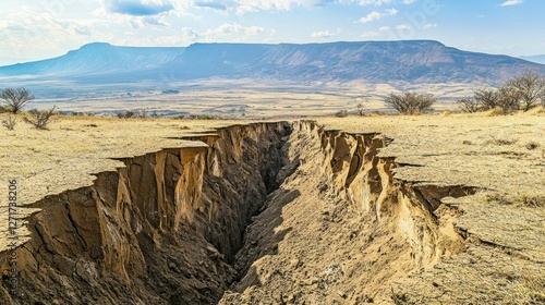 A photo of a rift valley formed by divergent boundary tectonic movements, with cracked earth and visible fissures.