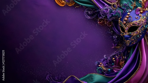 Mardi Gras masquerade joyful concept. A vibrant purple background with an ornate masquerade mask draped with colorful fabrics and embellishments.