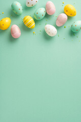 Decorative vertical Easter eggs in pastel colors and different patterns arranged on a green surface