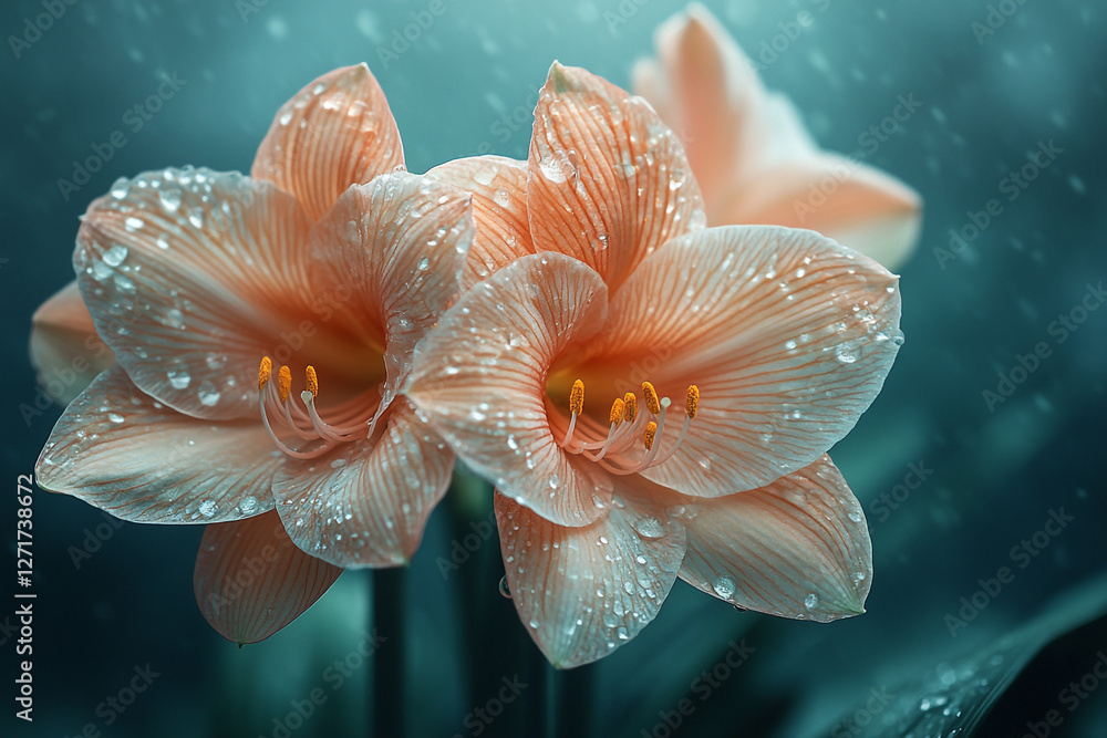 Fototapeta premium Dew-Kissed Amaryllis, Blossoming Elegance in a Serene Botanical Composition