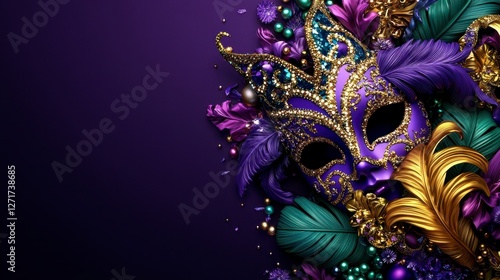Mardi Gras masquerade joyful concept. A vibrant, ornate masquerade mask adorned with feathers, beads, and flowers, set against a deep purple background.