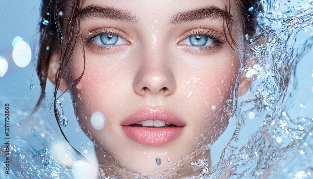 A fair-toned model with glowing cheeks stands amidst shimmering water waves, her face reflecting purity and vitality against a serene light blue background. A fair-toned model with glowing cheeks stands amidst shimmering water waves, her face reflecting purity and vitality against a serene light blue background.