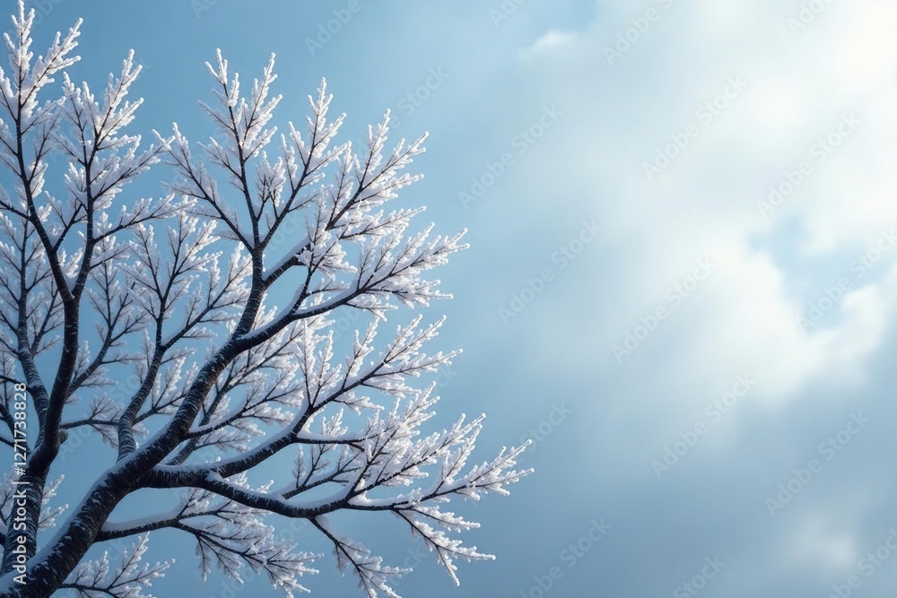 Frosty branches stretching towards the grey sky, cold, serene, icy