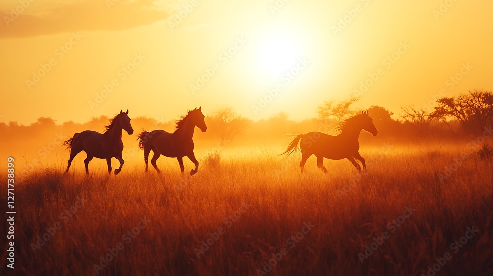 Three Horses Galloping Across Golden Sunset Field Three Horses Galloping Across Golden Sunset Field