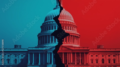 A fractured Capitol building sits illuminated by bold red and blue light, its split structure embodying the challenges of bridging ideological gaps in governance. photo