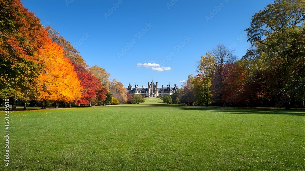 Autumnal Landscape with a Stone Castle Viewed Through Colorful Trees Autumnal Landscape with a Stone Castle Viewed Through Colorful Trees