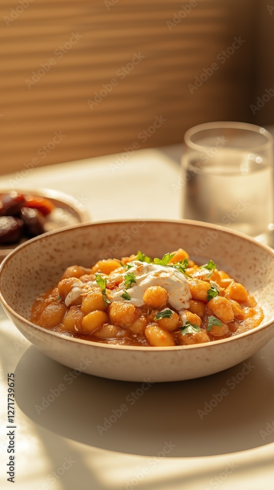 Delicious chana chaat served in a ceramic bowl with yogurt and tamarind chutney, alongside dates and water for a refreshing Iftar experience during Ramadan Delicious chana chaat served in a ceramic bowl with yogurt and tamarind chutney, alongside dates and water for a refreshing Iftar experience during Ramadan