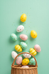 Festive vertical arrangement of colorful patterned Easter eggs spilling from a woven basket on a pastel green background, symbolizing Easter celebrations and springtime joy