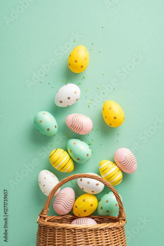 Photography Festive vertical arrangement of colorful patterned Easter eggs spilling from a w
