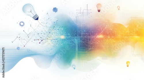 A vibrant abstract composition showcasing the fusion of technology and creativity through colorful light bulbs and data visualization.
