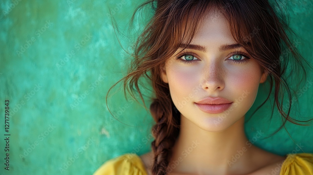 A woman with green eyes and a yellow dress is standing in front of a green wall. She has her hair in a braid and is smiling
