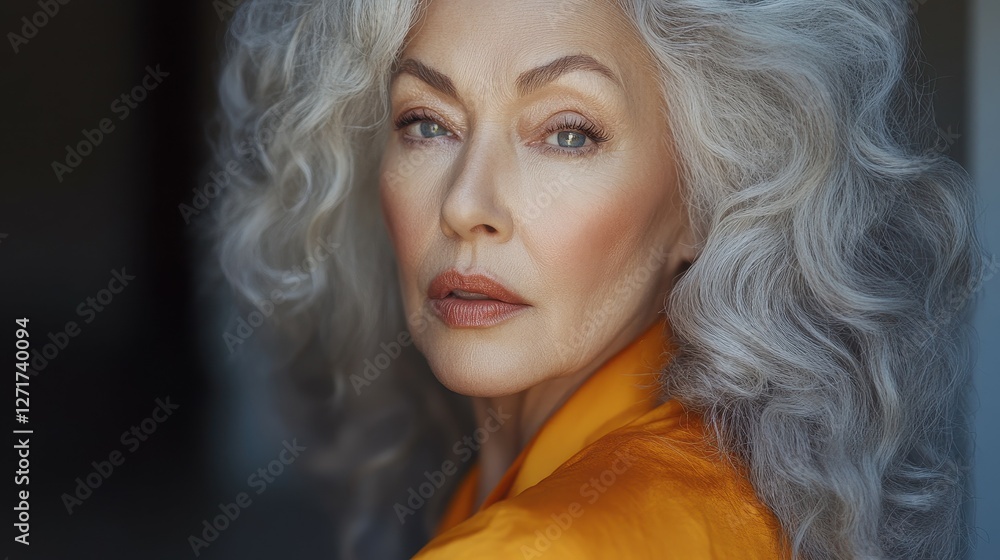 Fototapeta premium A woman with long gray hair and a yellow shirt. She has a serious expression on her face