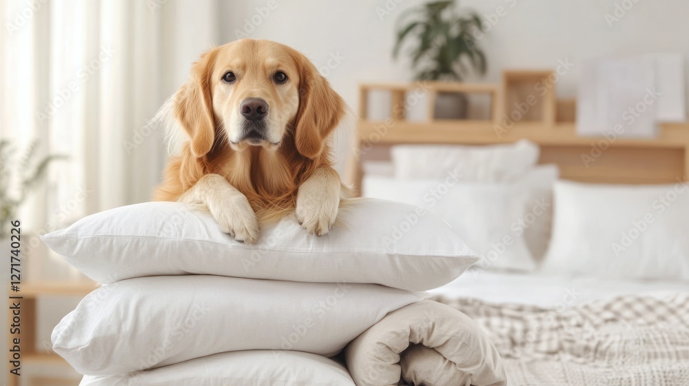 A charming dog is confidently perched on a pile of pillows gazing into the distance with a triumphant expression in a warm inviting bedroom filled with soft furnishings A charming dog is confidently perched on a pile of pillows gazing into the distance with a triumphant expression in a warm inviting bedroom filled with soft furnishings