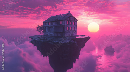 A house built upside down, standing on a floating rock amidst a pink and purple sunset
