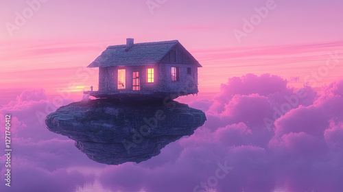 A house built upside down, standing on a floating rock amidst a pink and purple sunset