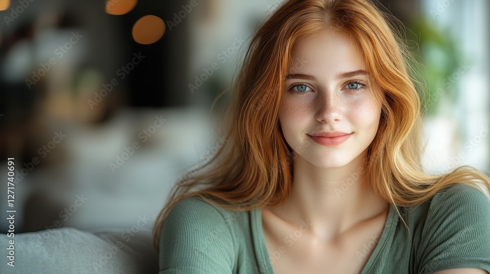 Obraz premium A woman with red hair and blue eyes is smiling at the camera. She is wearing a green shirt and is sitting on a couch