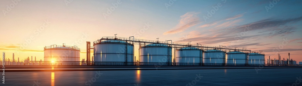 Obraz premium Dramatic sunset over industrial oil storage tanks urban area photograph evening light industry focus