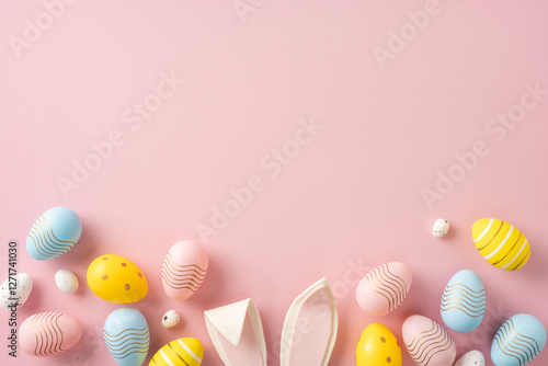 Decorative pastel Easter eggs and bunny ears arranged on a pink surface in a festive layout