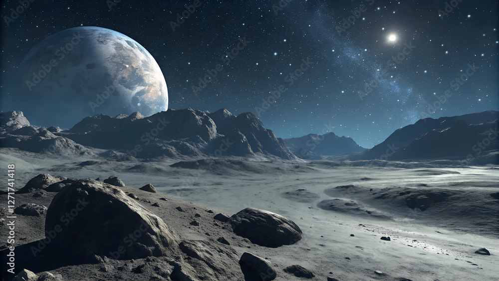A rocky landscape with mountains and a planet in the background A rocky landscape with mountains and a planet in the background