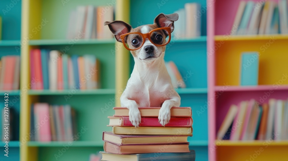 A playful dog wears oversized glasses while expertly balancing atop a wobbly stack of books in a vibrant library. Colorful shelves add charm to the lighthearted moment inviting smiles A playful dog wears oversized glasses while expertly balancing atop a wobbly stack of books in a vibrant library. Colorful shelves add charm to the lighthearted moment inviting smiles