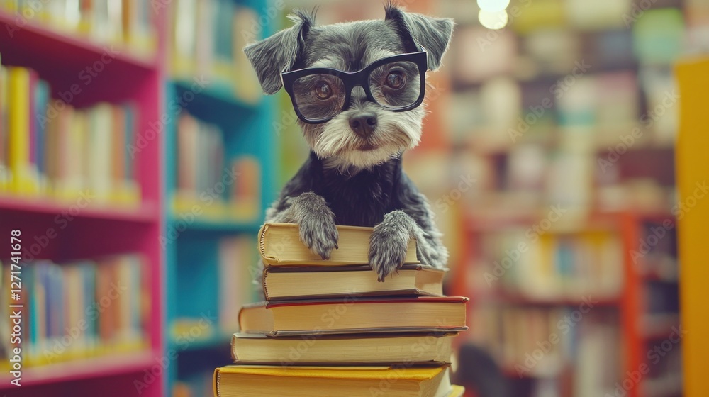 A humorous dog wearing oversized glasses skillfully balances atop a wobbly stack of books in a vibrant library setting featuring colorful shelves. Ample copy space surrounds the amusing scene A humorous dog wearing oversized glasses skillfully balances atop a wobbly stack of books in a vibrant library setting featuring colorful shelves. Ample copy space surrounds the amusing scene