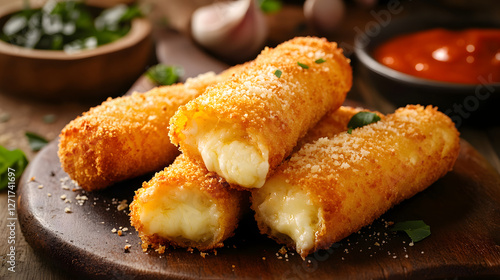 Cheese-filled mozzarella sticks with a crunchy breadcrumb coating and a dash of parmesan on top.