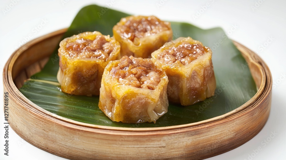 Four delicious shumai dumplings displayed on a bamboo steamer Four delicious shumai dumplings displayed on a bamboo steamer
