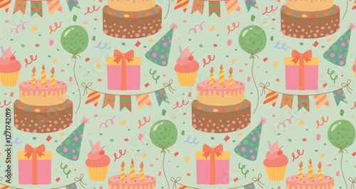 Seamless pattern with Birthday party elements. Festive background with cake, balloons, party hats, gifts, cupcakes and confetti