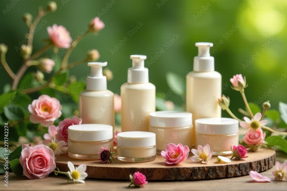 Aromatic skincare collection displayed on a wooden surface, adorned with delicate pink roses and blossoms, creating a spa-like ambiance Aromatic skincare collection displayed on a wooden surface, adorned with delicate pink roses and blossoms, creating a spa-like ambiance