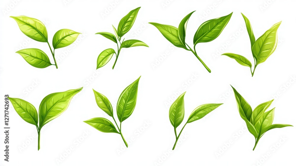 background with flying green tea leaves background with flying green tea leaves