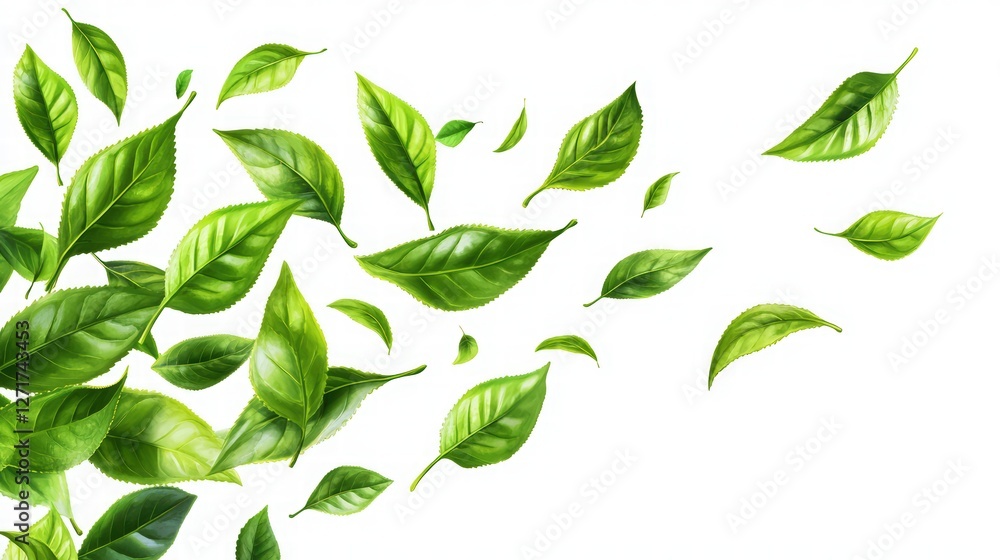 Naklejka premium background with flying green tea leaves
