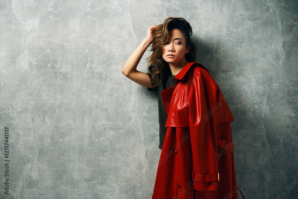 Fototapeta premium Stylish fashion woman in red coat and trendy casual outfit posing on grey background