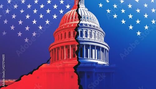 Wallpaper Mural The Capitol dome, fractured into two contrasting sides, stands against a backdrop of stars and stripes, its red and blue hues highlighting ideological polarization. Torontodigital.ca