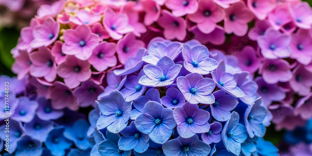 A stunning close-up of hydrangea flowers in a mix of vibrant colors, including shades of pink, purple, and blue. A stunning close-up of hydrangea flowers in a mix of vibrant colors, including shades of pink, purple, and blue.