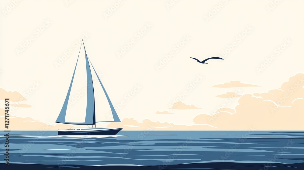 Fototapeta premium A minimalistic illustration of a tiny sailboat on calm waters under a soft sky with clouds and a bird in flight