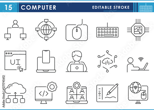 A set of line icons related to Computer. Developer, chips, chat, online, keyboard, mouse, programming, networking, and so on. Vector editable stroke.