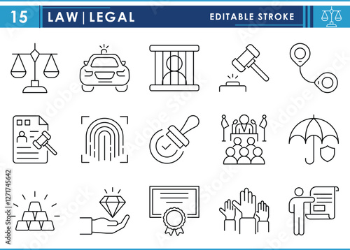 A set of line icons related to Law and Legal. Rule, govern, stamp, regulations, police, jail, handcuff, certificates, legal documents, and so on. Vector editable stroke.