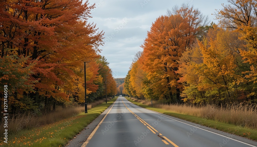 Fototapeta premium Autumn road journey scenic route photography vibrant foliage eye-level nature's beauty