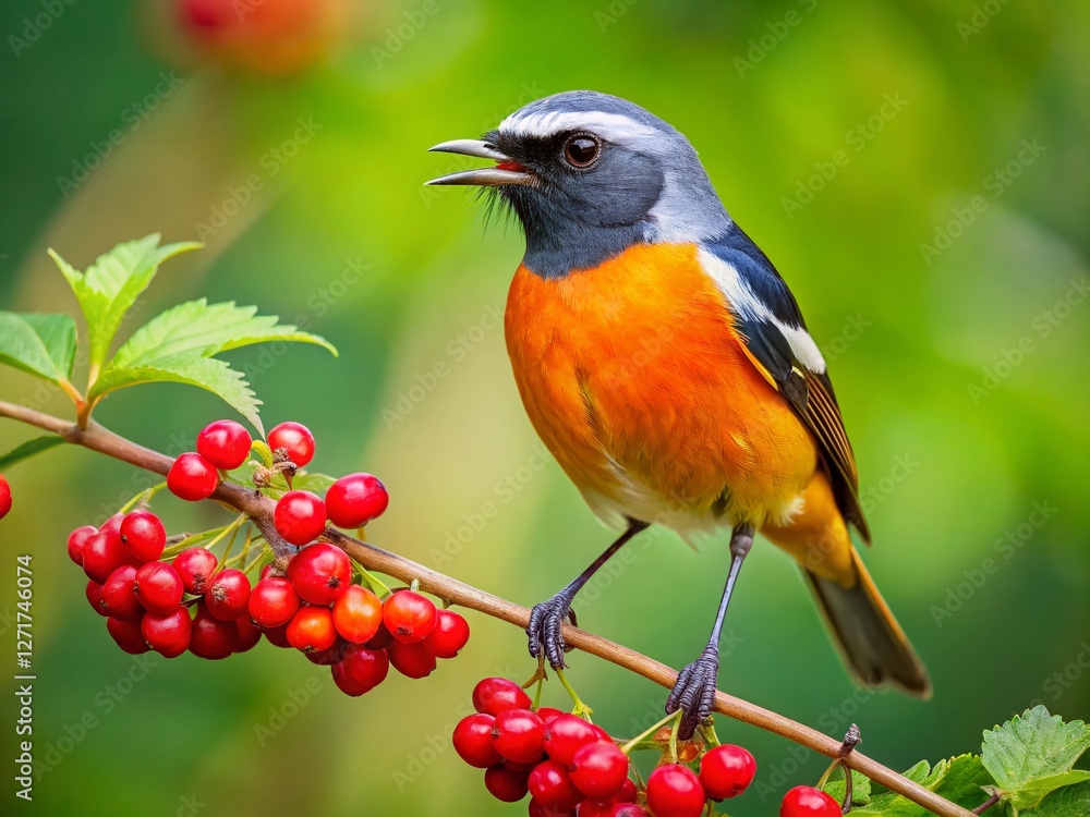 Fototapeta premium Daurian Redstart Bird Enjoying a Feast of Berries and Insects