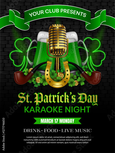 st. patrick's karaoke night poster with gold vintage mic, green beers, gold horseshoe and neon shamrocks	