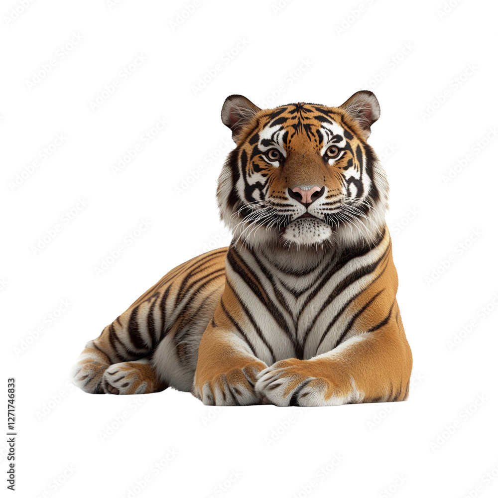 Fototapeta premium Majestic Bengal Tiger Lying Down, Isolated on White Background