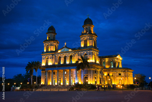 Managua, Nicaragua - Old  Cathedral of Santiago at night
