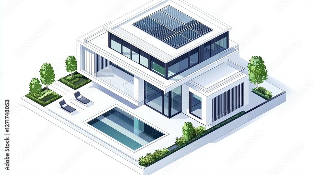 Modern house with solar panels, pool, and landscaping. Modern house with solar panels, pool, and landscaping.