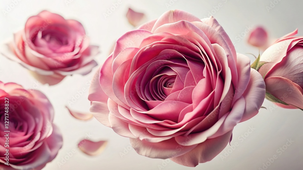 Delicate Pink Roses Close-Up Aerial Photography White Background